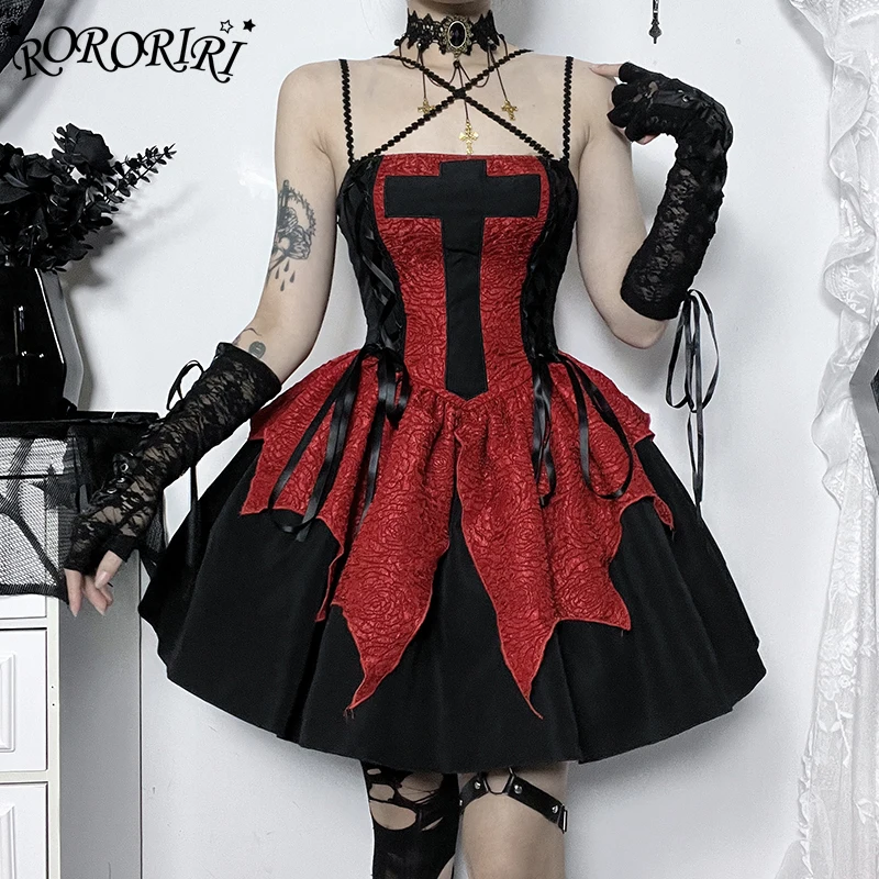 RORORIRI Rose Textured Cross Mini Dress Women Color Block Lace Up Shirring Ruffle Puffy One-piece Lolita Gothic Retro Clothes