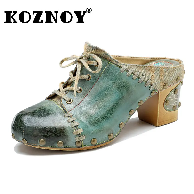 

Koznoy Denim Sandals 7.5cm Ethnic Sewing Sheepskin Natural Leather Summer Chunky Heels Women Slippers Handmade Moccasins Shoes