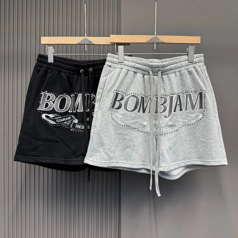 

Embroidery Diamond Label Letters Graphic Shorts Black Gray Drawstring Elasticity Shortpants Men Women Loose Pockets Short Pants