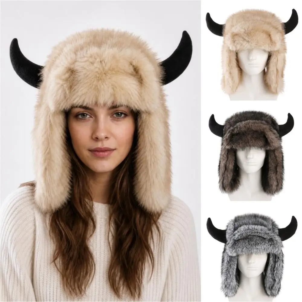 Soft Thick Horn Hat Faux Fur Lined Cow Head Shape Ear Protection Hat with Ear Flaps Keep Warm Winter Ski Hat Winter