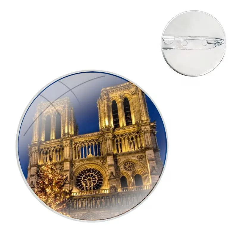 Glass Dome Brooches Badge Pins For Clothes Hat Shirt Lapel Bag Notre Dame de Paris