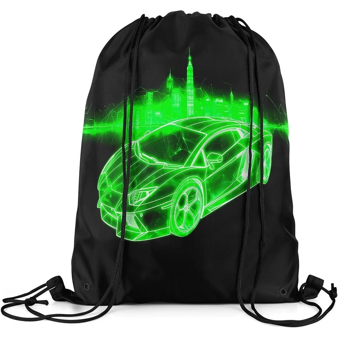

Рюкзак на шнурке для гоночного автомобиля, скоростной спортивный автомобиль, современные водонепроницаемые сумки на шнурке для спортзала, зеленые экстремальные виды спорта