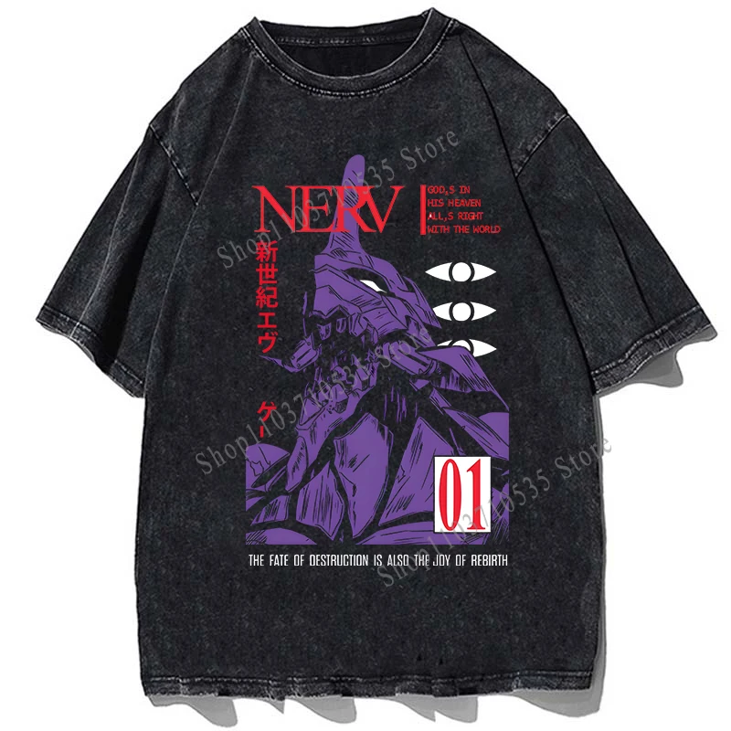 

Anime New Century-Evangelion Printed T Shirt Cotton Washed Vintage Oversized Loose Tees Men Casual Streetwear T-shirt Tops