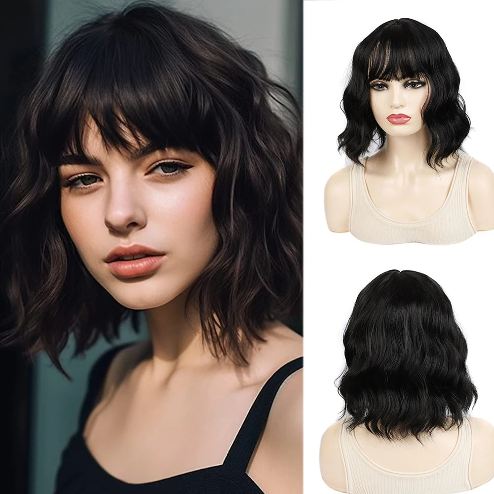 

Short Wavy Hair Wig with Bangs for Women Synthetic Curly Bob Wig Black Pink Brown Colors Wig for Daily Party