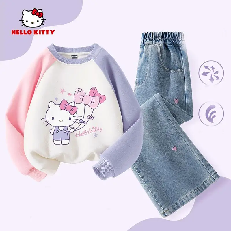 سانريو مرحبا كيتي قطعتين مجموعة فتاة ربيع الخريف طويلة الأكمام بلايز الترفيه السراويل Kawaii أنيمي موضة جديدة ملابس الأطفال الساخن