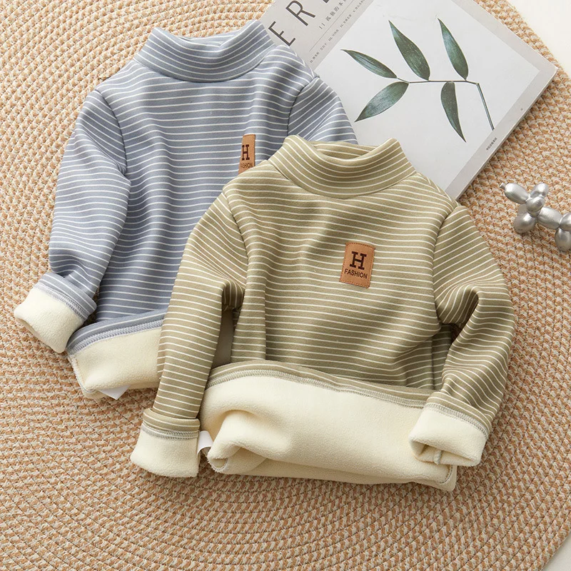 New Girls Padded Bottoming Shirt Boys Striped Turtleneck Jumper Autumn Winter Children Warm Fashion Casual Long-Sleeved Sweater