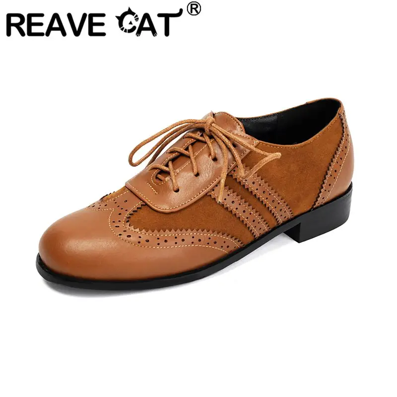 

Женские туфли REAVE CAT коричневые, мягкие, на плоской подошве, с круглым носком, на шнуровке, с комбинированным верхом, большие размеры 41, 42, 43, повседневные, ручной работы, дышащие