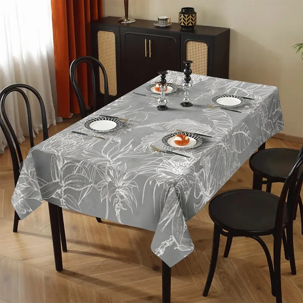 1 nappe grise à imprimé feuilles tropicales, couverture de table pour cuisine, salle à manger, décoration de fête