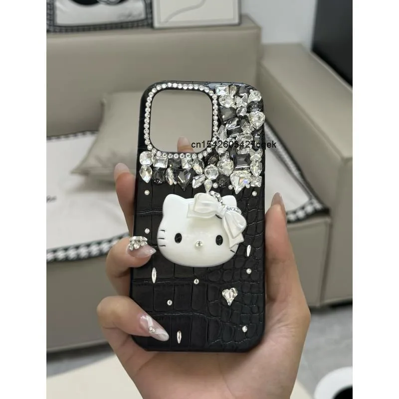 Sanrio 3D Hello Kitty Bow Rhinestone Niche Trendy Phone Case For Iphone 15 14 13 12 Promax Light Luxury Personality Phone Cover