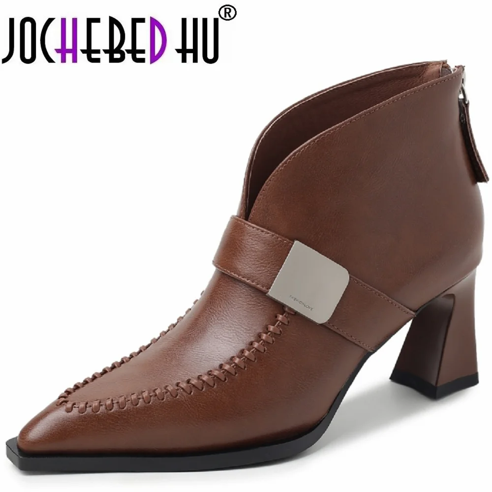 

【JOCHEBED HU】New Handmade Genuine Leather Soft and comfortable Pointed Toe Boots Chunky High Heels Shoes Ankle Boots 33-40