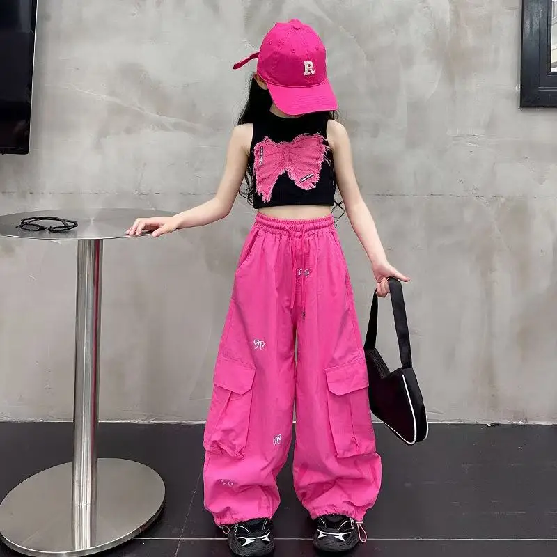 

Girls Spring and Autumn Wide Leg Work Pants Children's Bow Embroidered Hanging Pants Children's Western Hip Hop Jazz Dance Pants