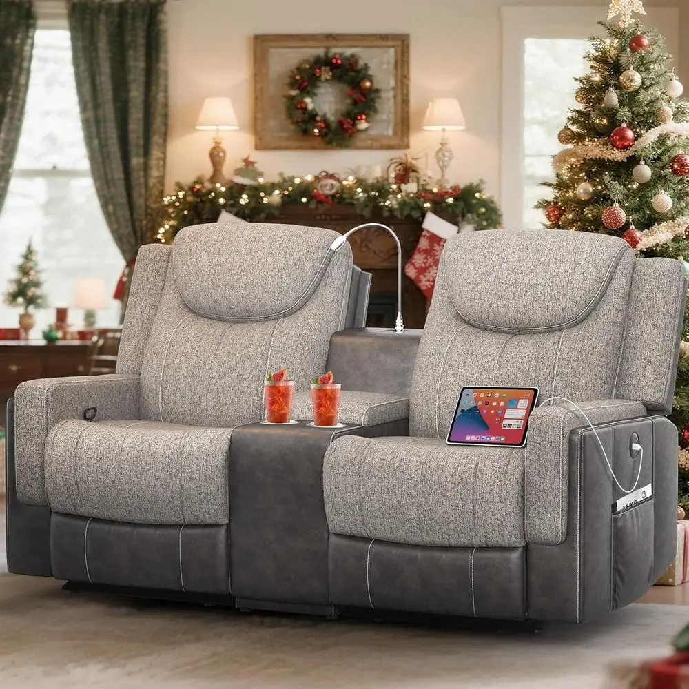 

Grey Linen & PU Leather Double Recliner Sofa with Storage, Cup Holders, USB Ports and Reading Lights for Living Rooms and RVs
