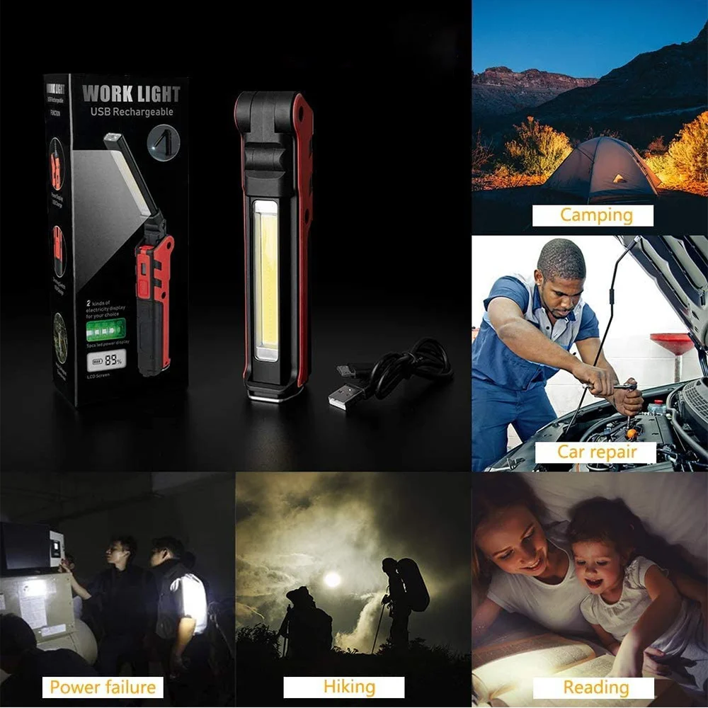 المحمولة LED ضوء العمل USB قابلة للشحن مصباح يدوي قابل للطي خطاف مغناطيسي مصباح يدوي 270 °   قاعدة تدوير لإصلاح التخييم في الهواء الطلق