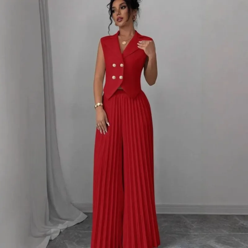 

2025 Европа Америка, удобный модный новый повседневный облегающий жилет, куртка, плиссированные брюки, костюм, женские трендовые комплекты High Street