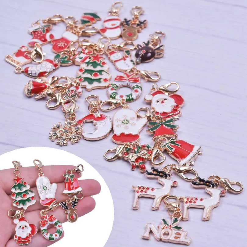 

24/48pcs/Lot Mix Enamel Christmas Charms With Lobster Clasp Xmas Deer Snowflake Santa Claus Christmas Tree Pendants Jewelry Gift