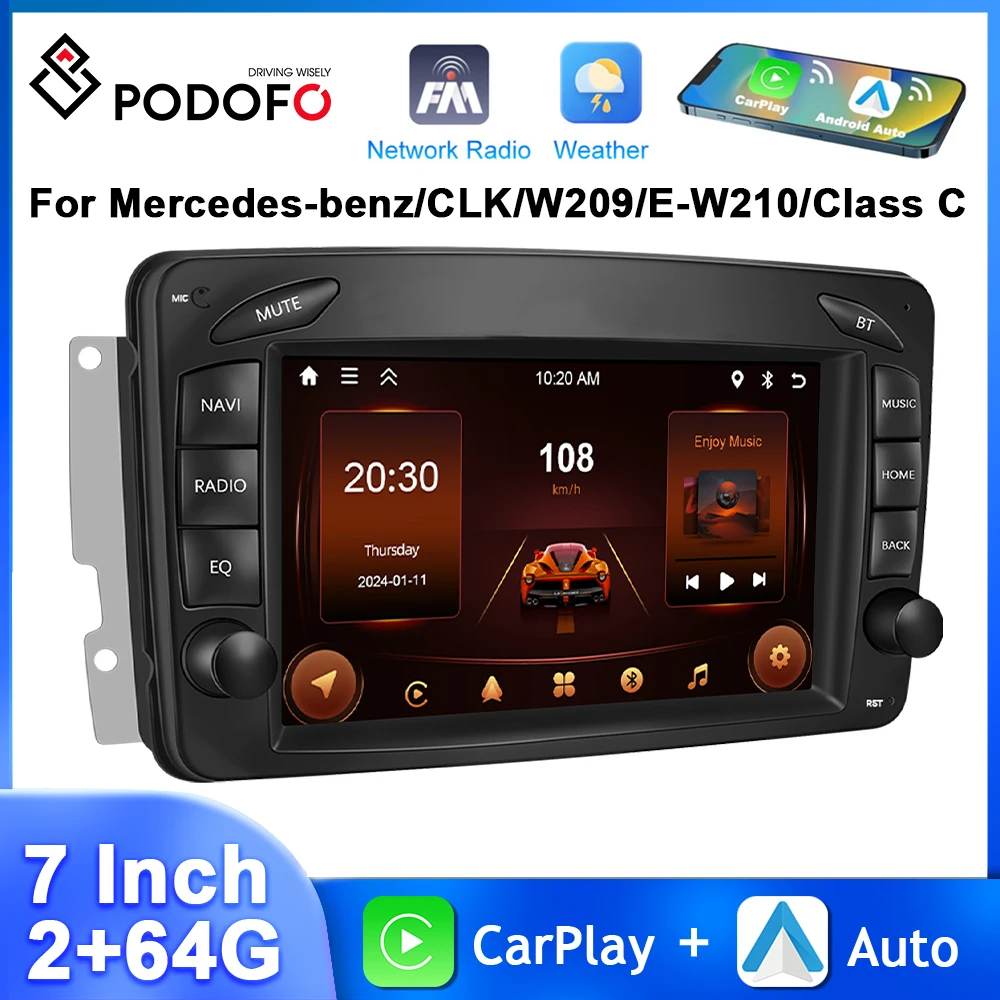 

Podofo 7'' Touch Screen Car Radio For Mercedes-benz/CLK/W209/E-W210/Class C Bluetooth GPS Carplay Android Auto WIFI Car Stereo