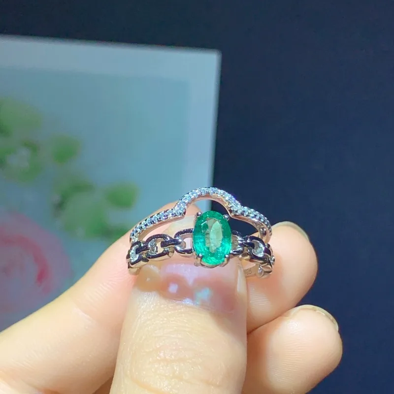 925 Sterling Silver Women Wedding Engagement Natural Emerald Jewelry Ring Classic Oval Flower Shiny Design