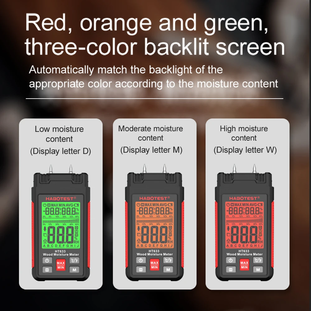 Pin-Type Damp Meter, Digital Humidity Meter with 3 Colours Backlit LCD,Moisture Meter Detector for Walls,Logs,Firewood,Building