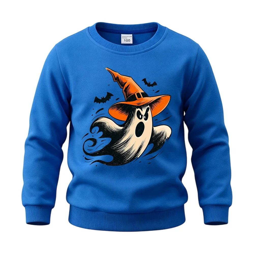 Children's Long-Sleeve Cotton Sweatshirt for Boys and Girls – Halloween Pullover Featuring Angry Ghost and Witch Patterns