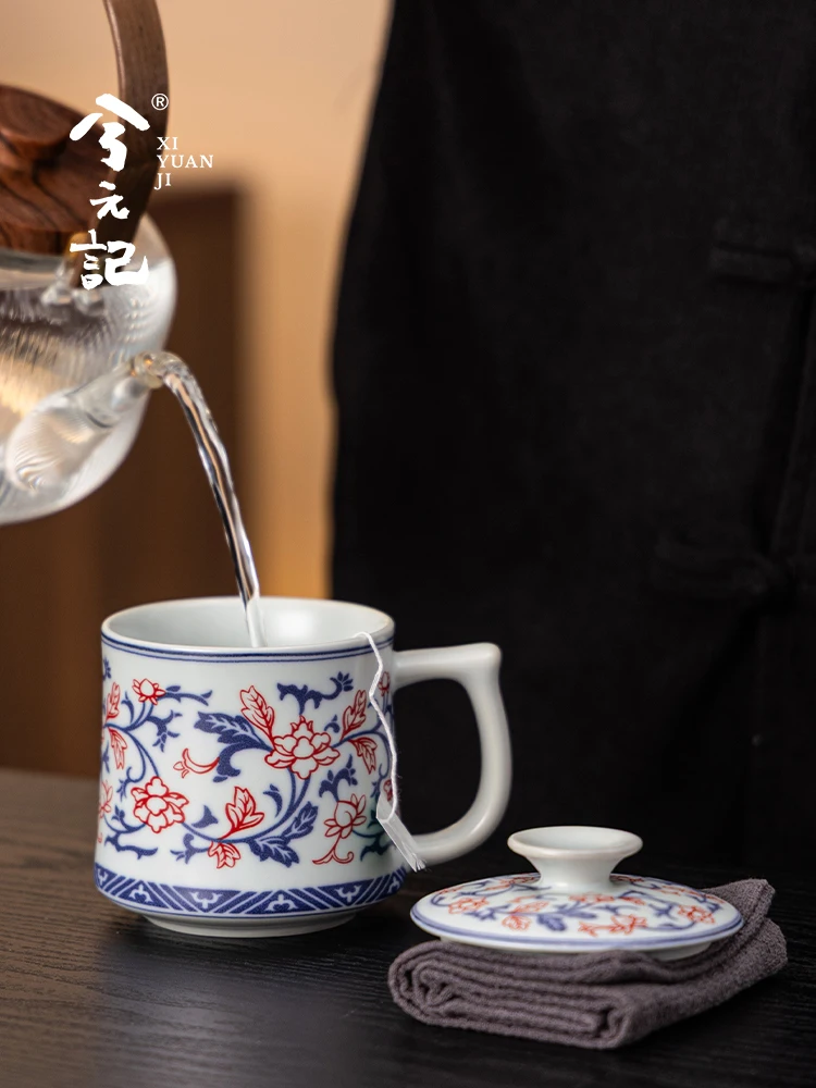 Blue and White Porcelain Tea Cup with Lid Chinese Office Infuser High-End Personal Dedicated Drinking