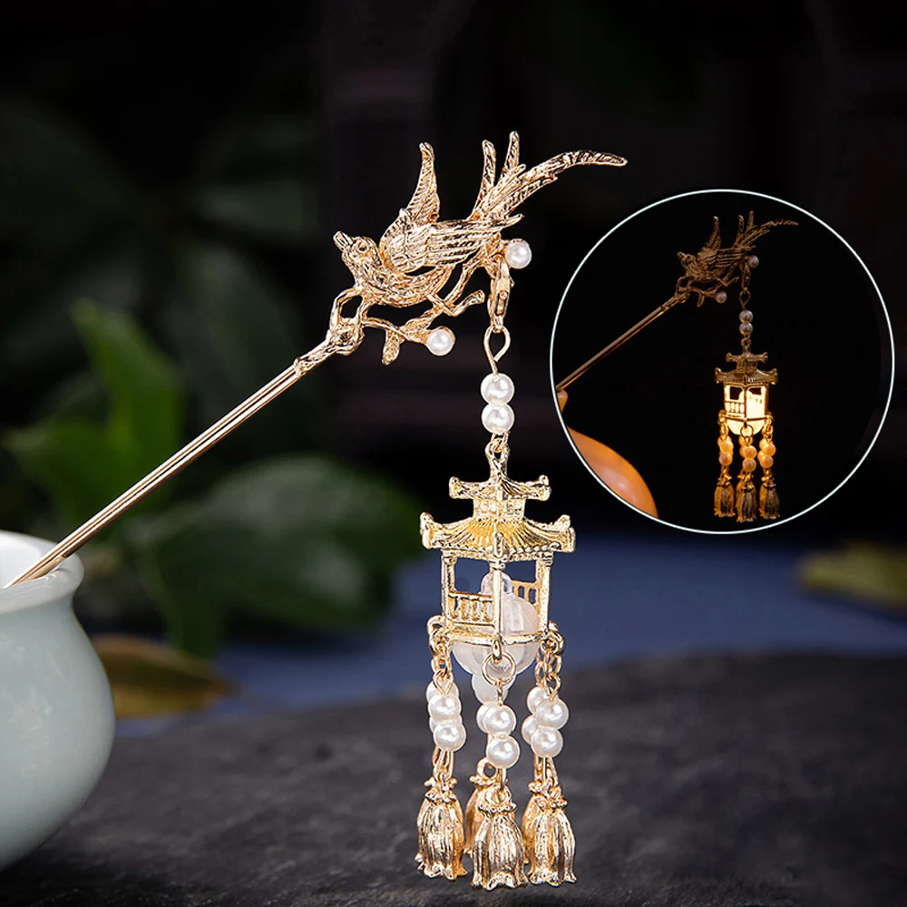 Chinese Style Hair Sticks Golden Metal Hairpin Glow Lantern Tassel Hair Clasp For Women Chinese Hanfu Hair Accessories Jewelry