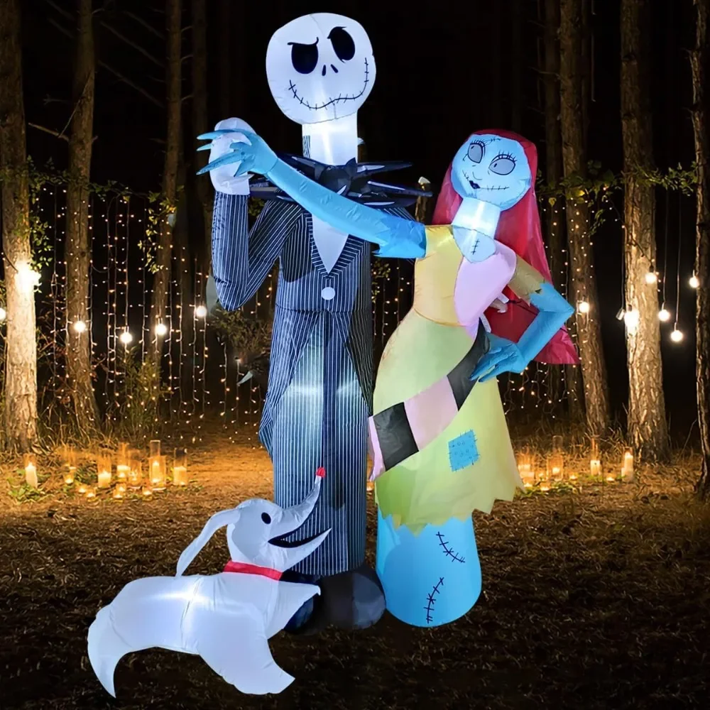 

6Ft Inflatable Halloween Outdoor Yard Decoration - Halloween Skeleton Couple and Dog Blow Up Decoration - Built-in LED Lights