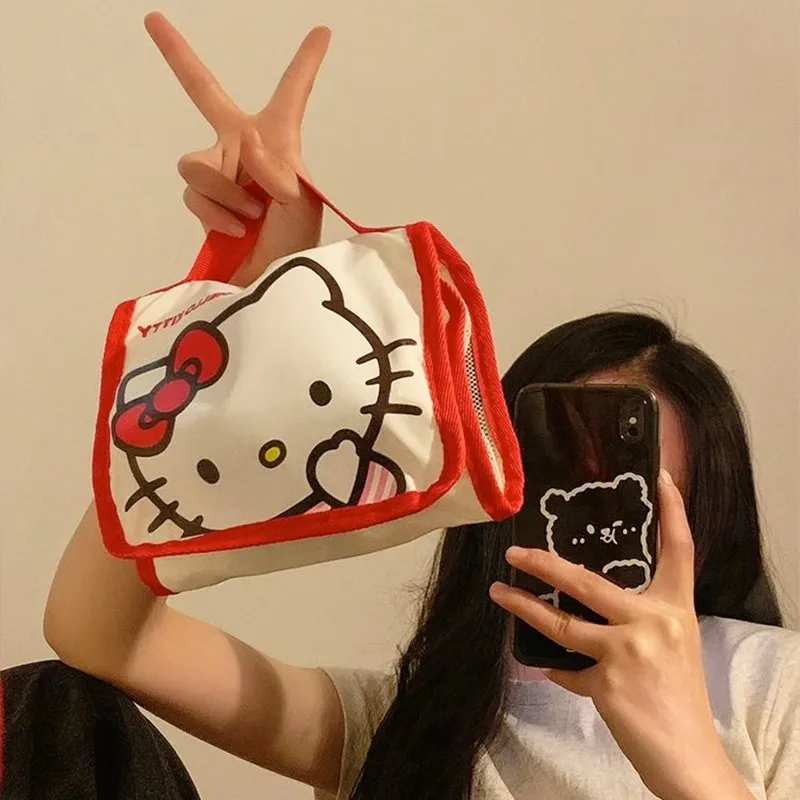 Kawaii Sanrio Large Capacity Folding Cartoon Makeup Bag Cute Travel Kitty Kuromi Portable Cosmetics Brush Storage Bag