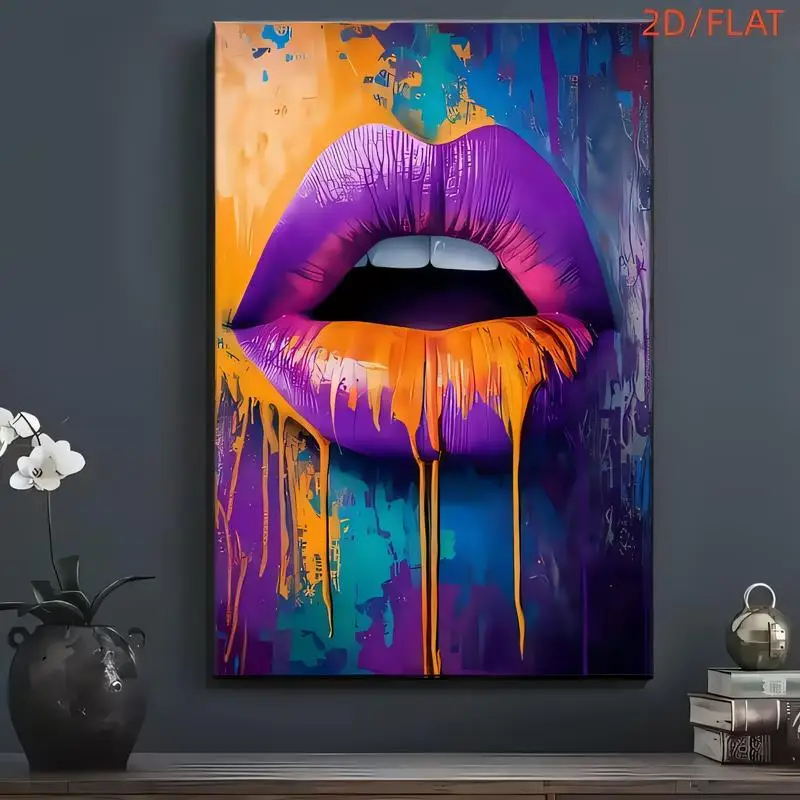 Vibrant Lips Pop Art Wall Print - Abstract Dripping Paint, Purple/Orange/Blue, Modern Art for Living Room Bedroom Home Decor - C