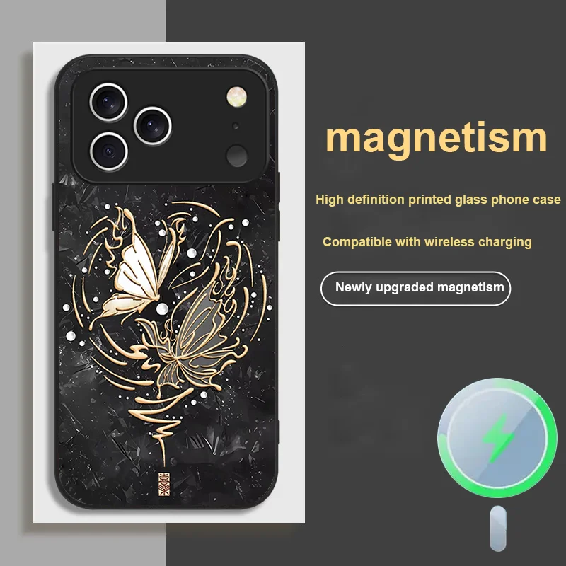 

For iPhone 17 Pro MAX AIR magnetic glass phone case butterfly shadow and other shore flower anti drop protection