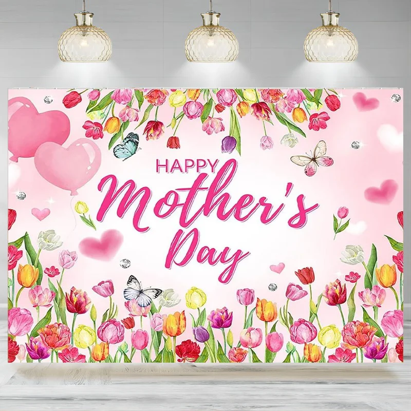 Happy Mother's Day Backdrop Pink Tulip Love Heart Photography Background Women Floral Butterfly Festival Party Decoration Banne