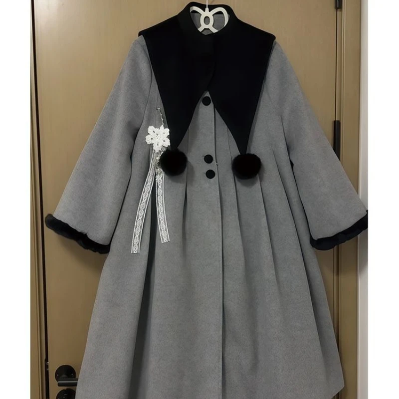 Japanese Gothic Lolita Long Wool Coat Women Vintage Long Sleeve A Line Winter Overcoat Casual Girls Sweet Loose Outerwear Tops