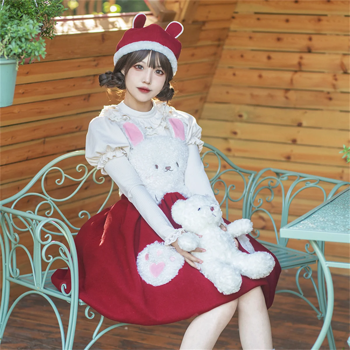 Kawaii – robe Lolita Jsk Cosplay pour filles, douce, en peluche, patte de lapin imprimée, poche, queue de boule, à volants, pour nouvel an