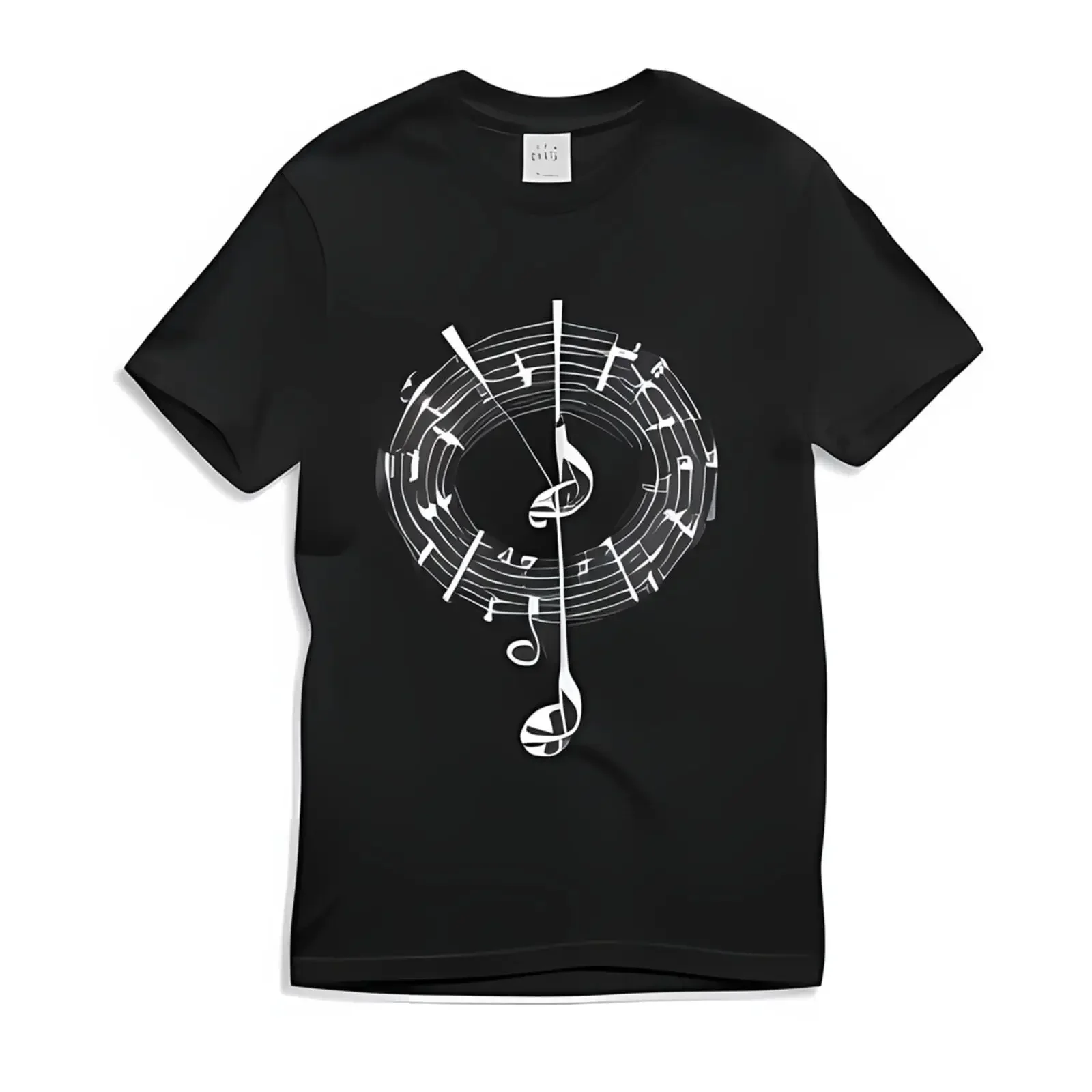 Musical NoTees and Treble Clef Design Black T-Shirt Print Flatlay Men's/Women'