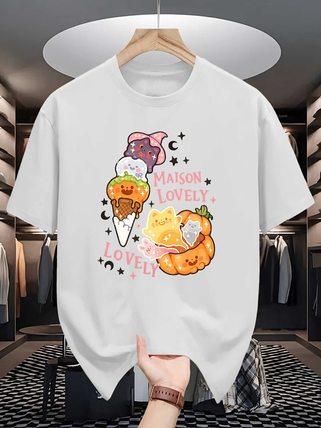 Cute Halloween Cartoon Mens Crew Neck T Shirt Ice Cream Pumpkin Wizard Cat Lovely Letter Graphic Short Sleeve Casual Street Tops