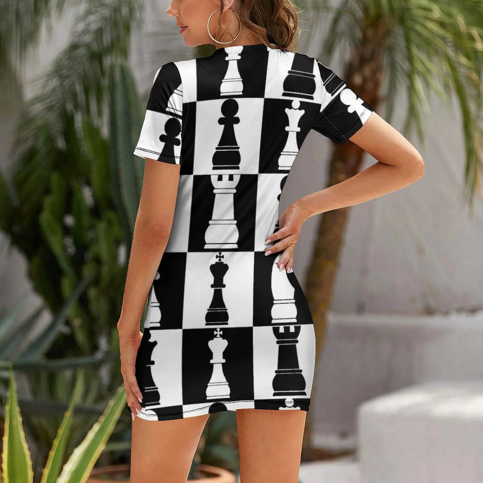 Black and White Chess Board Print Pattern Short Sleeved Dress dress dresses clothes