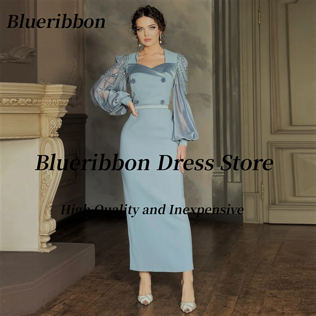 Blueribbon Birthday Party Special Prom Dresses Beaded Long Sleeves Evening Dress Zipper Back Wedding Guests Formal Banquet Gowns