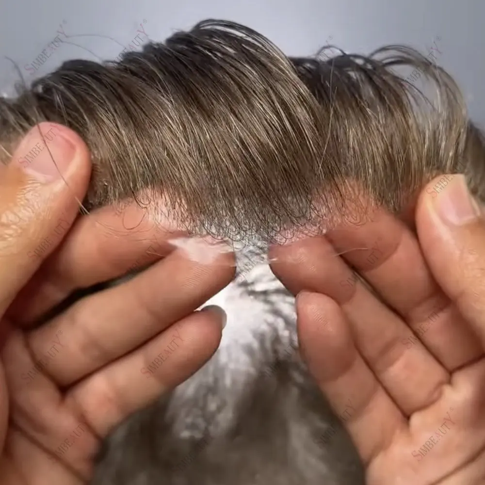 الرجال الشعرية الاصطناعية الطبيعية أسود رمادي رجل شعر مستعار الأوروبي الشعر البشري 0.03 مللي متر الخامس يحلق رقيقة جدا الجلد استبدال الشعر المستعار