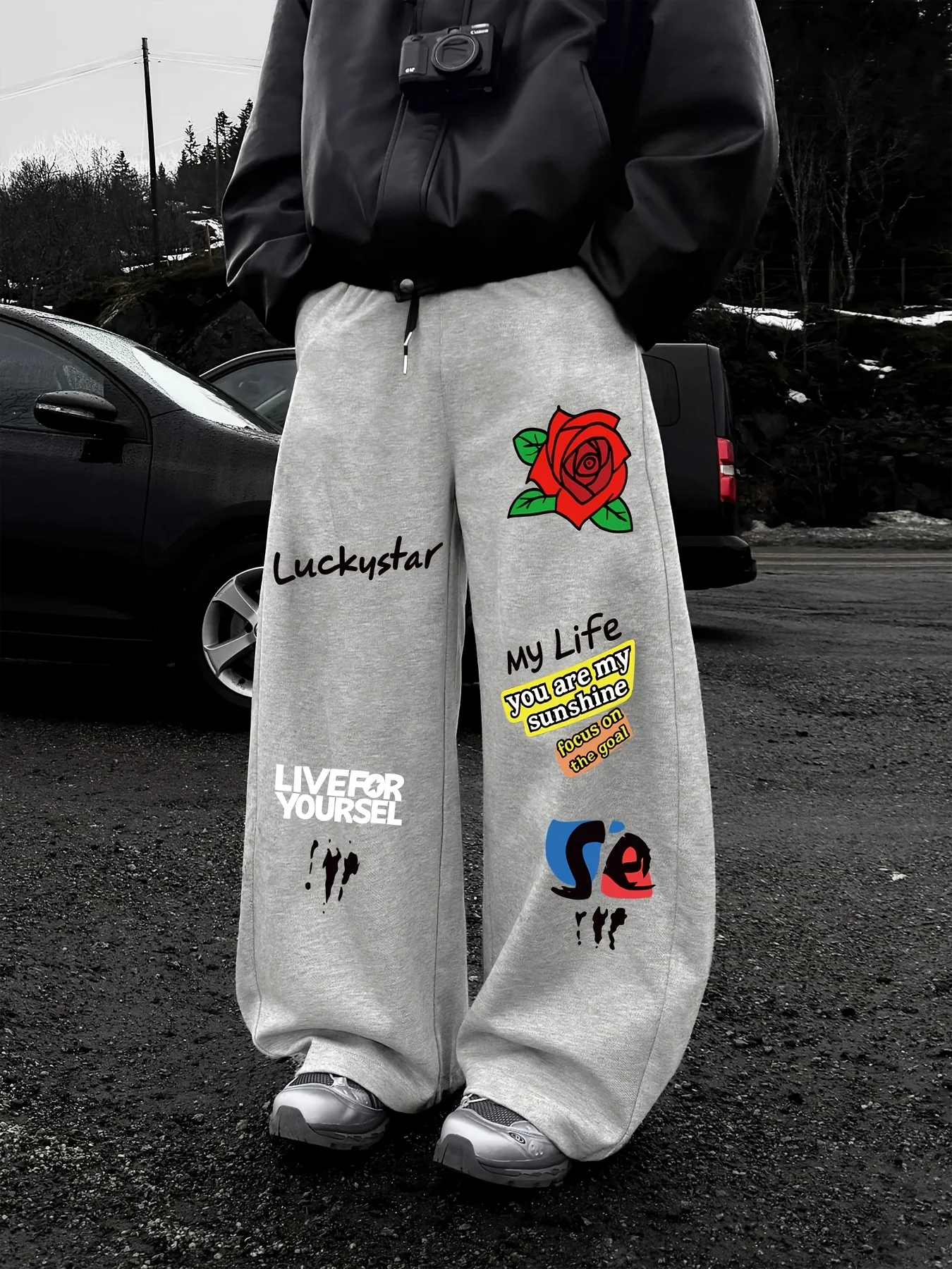 

Drawstring Sweatpants with Rose Letter Pattern Prints, Casual Long Pants, Suitable for Daily Wear, Trendy Graphic Design