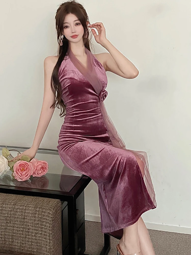 Otoño Invierno vestido de malla de retales de terciopelo rosa mujer elegante vestido Sexy montado en el cuello 2025 vestido de fiesta de lujo Vintage coreano