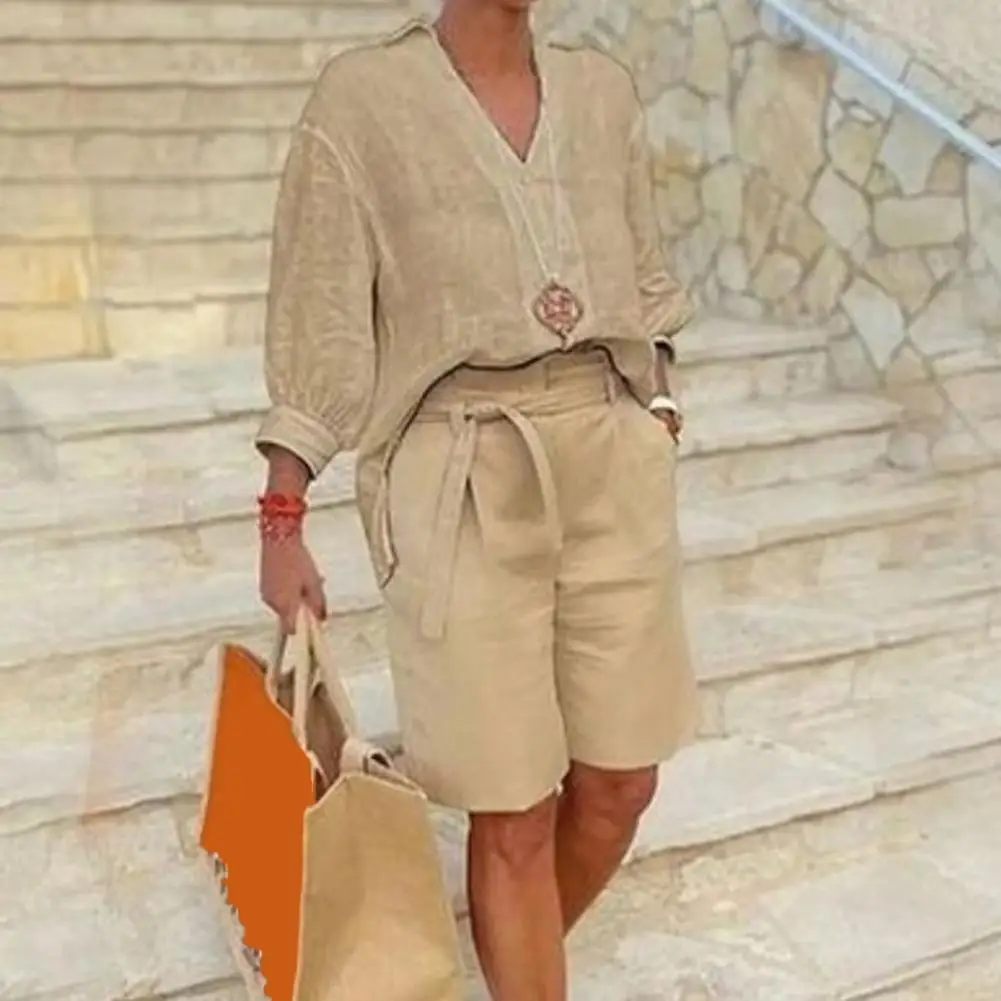 

Breathable Women Suit Women Cotton Linen Two Piece Set Women’s Cotton Linen Two Piece Outfit V-neck Half Sleeve Shirt Belted