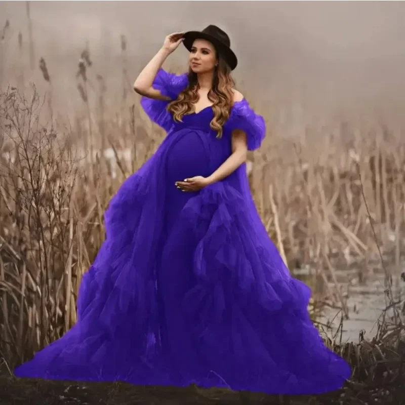 

Two-Piece Maternity Dresses Photoshoot - Off-Shoulder Ruffle Tulle - Custom Photography Dress for Baby Showers (Tulle & Lace)