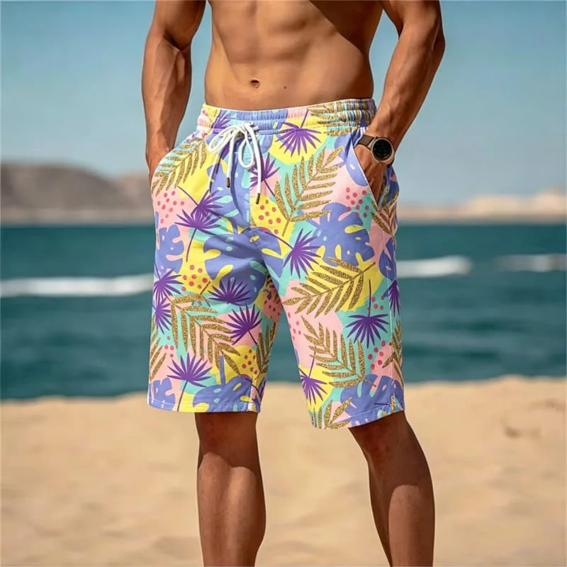 Tropical floral leaf printed drawstring men's beach shorts, breathable and quick drying, for beach vacations and summer travel