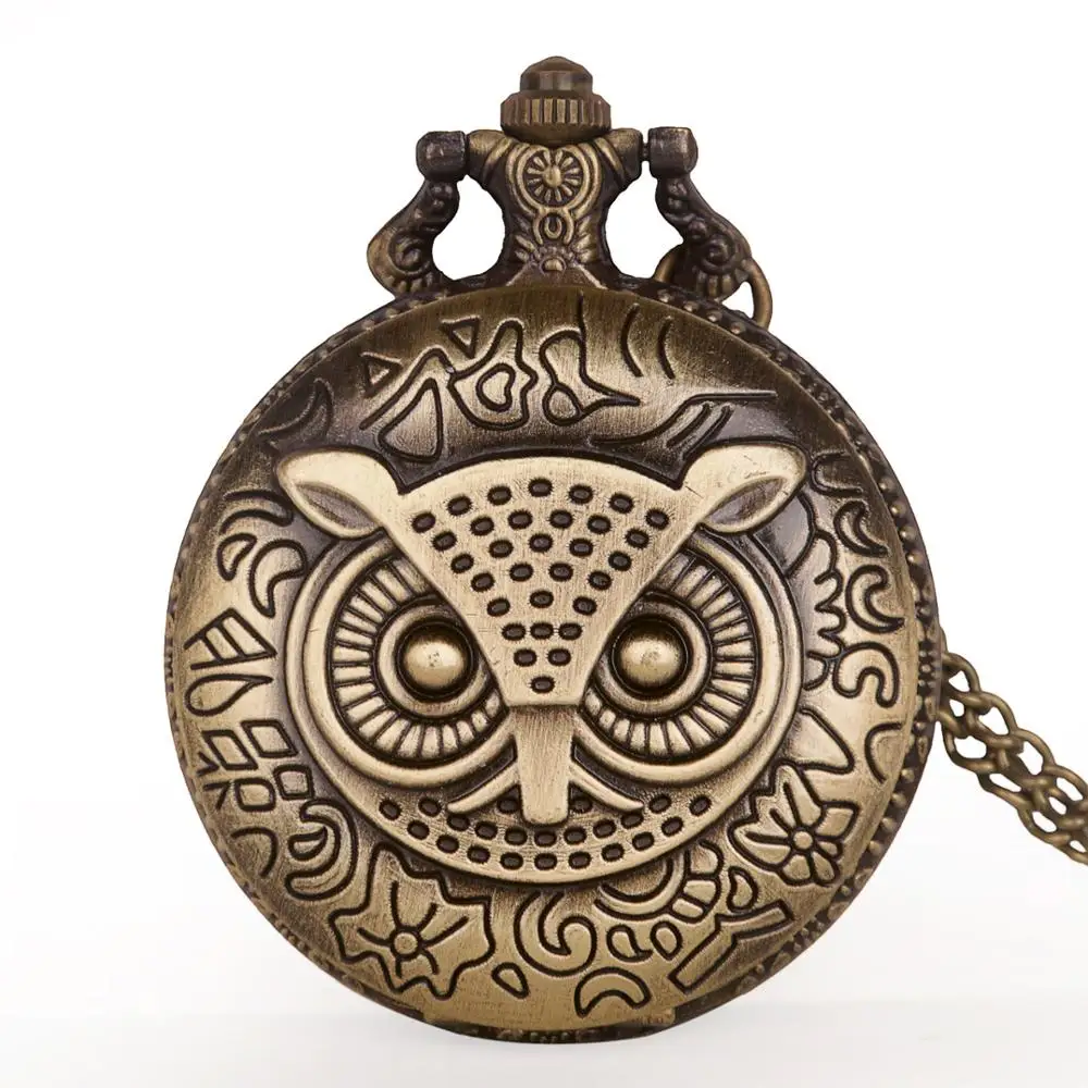 Retro Bronze Owl Pattern Design Quartz Pocket Watch with Necklace Chain Leisure Pendant Gift Men Women Clock