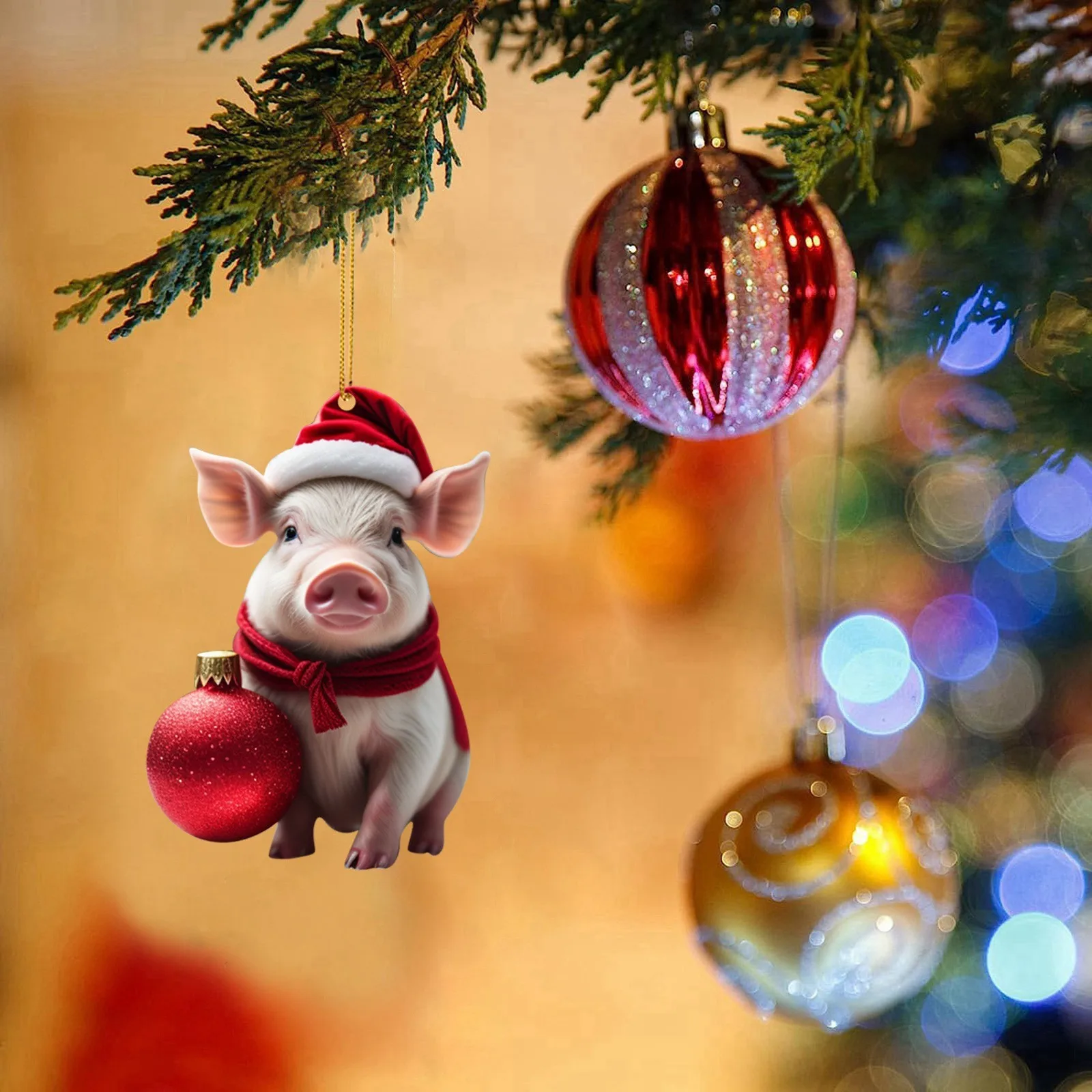 2D Cartoon Christmas Piggy with Xmas Balls Hanging Ornament Pendants Christmas Decorations For Home 2024 Natal Navidad Kids Gift