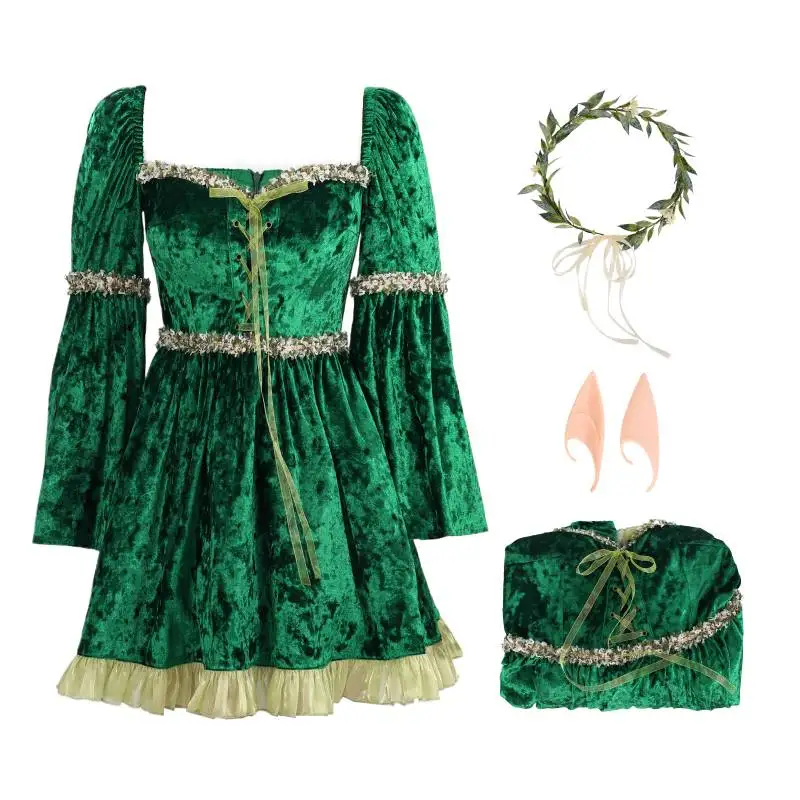 

WENAM Бархатный Средневековый Зеленый Средневековый Костюм Феи Бархатный Зеленый Эльф Косплей Ren 02, Ренессанс Мини Платье Хэллоуин Женщины Новый