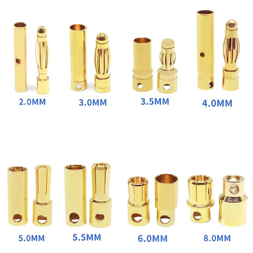 10 par 2 mm 3 mm 3,5 mm 4 mm 5 mm 5,5 mm 6 mm 6,5 mm 8 mm Pozłacana wtyczka kulkowa Wysokoprądowe złącze bananowe do RC Lipo — zdjęcie 7