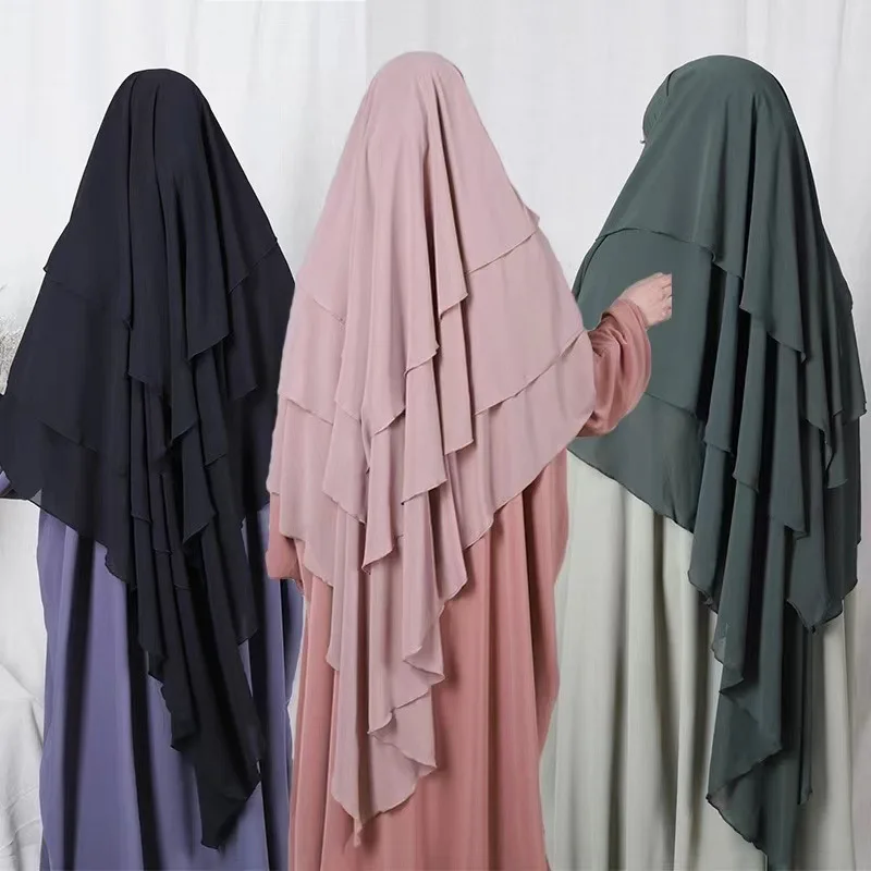 Long Khimar Hijab Scarf Wrap 2 Layers Crepe Voile Femme Musulman Muslim Fashion Ramadan Prayer Hijabs Wholesale Islamic Clothing