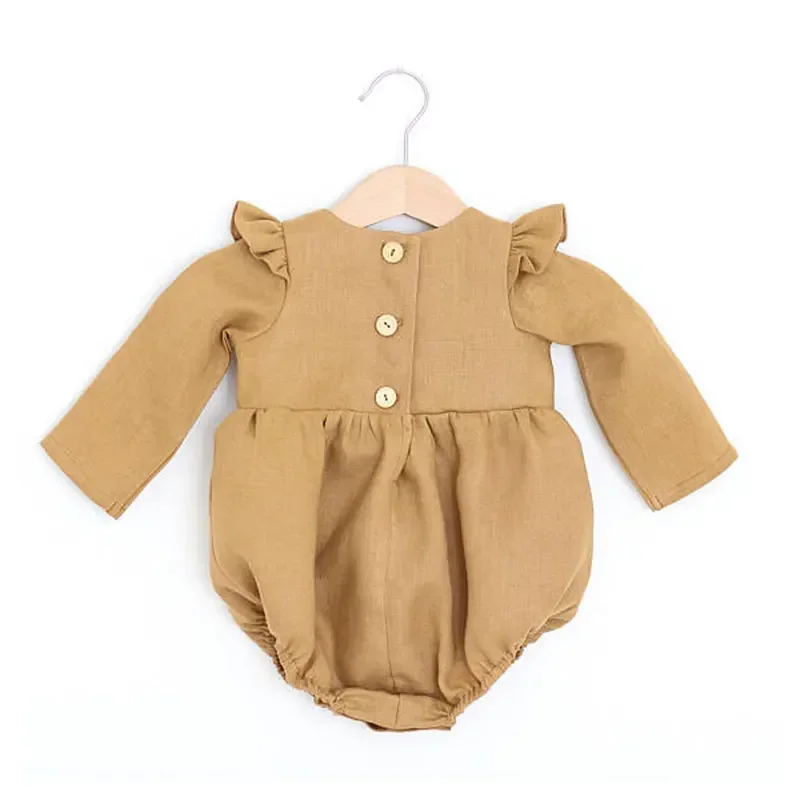 Newborn Infant Baby Girls Ruffle Long Sleeve Romper Kids Solid Color Cotton Linen One-piece Suits Jumpsuit Outfits