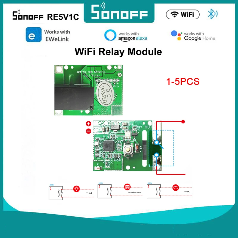 1-5PCS SONOFF Relay Module RE5V1C Wifi Smart Switch 5V DC Wireless Switch Inching/Selflock Working Modes APP/Voice/LAN Control