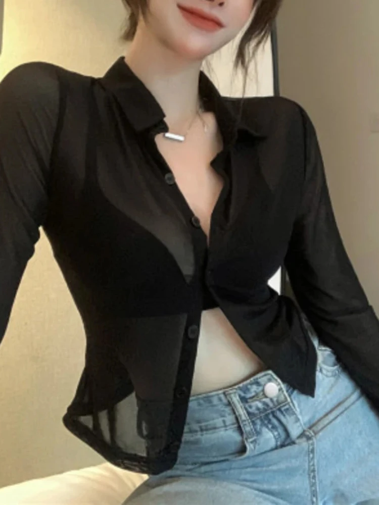 

Shirts Women Perspective Sexy Thin Chemise Femme Temperament Slim Sun Protection Mature All-match Summer Design Casual Blouses